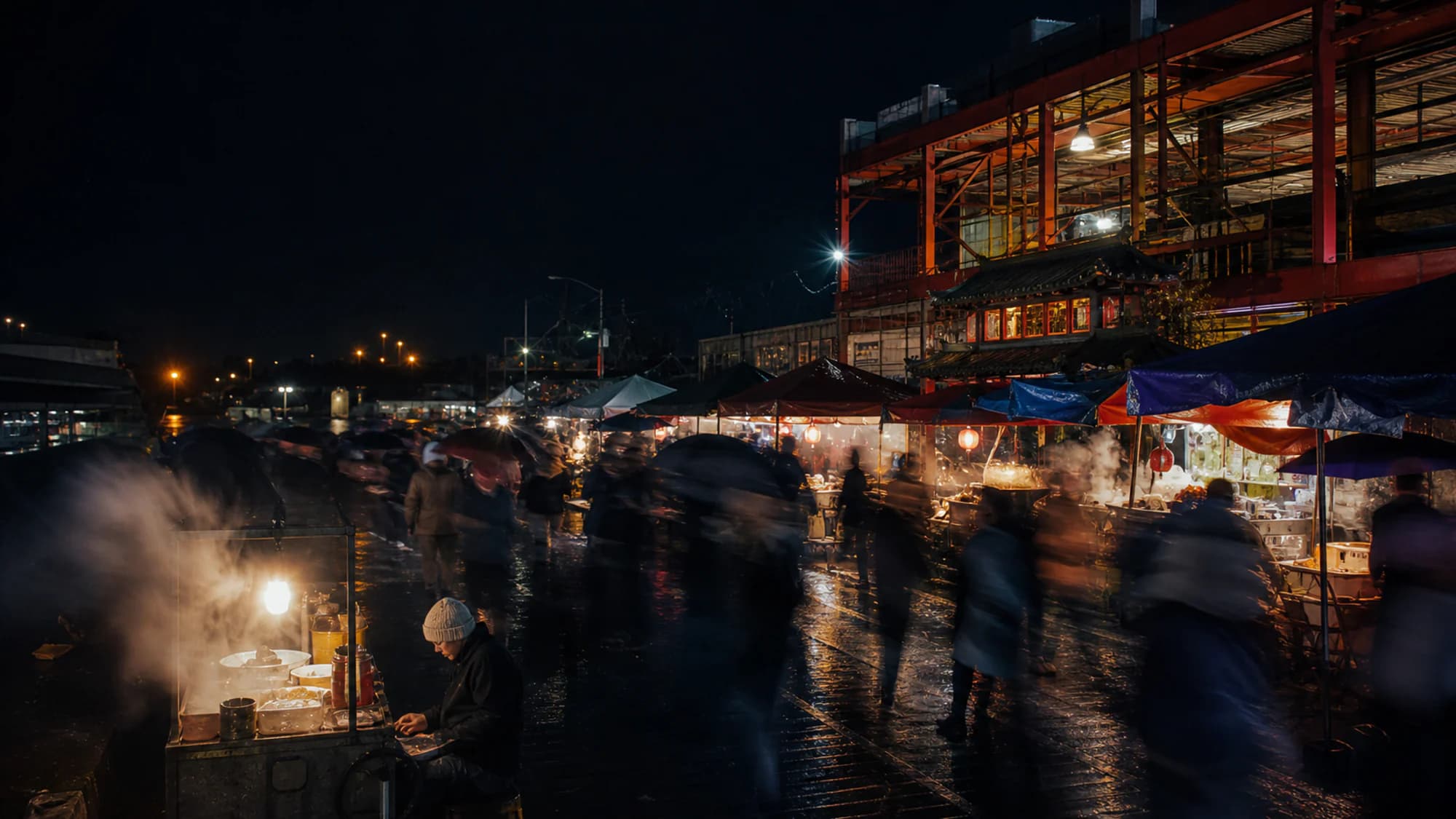 A rain-lit night market in Queens, New York