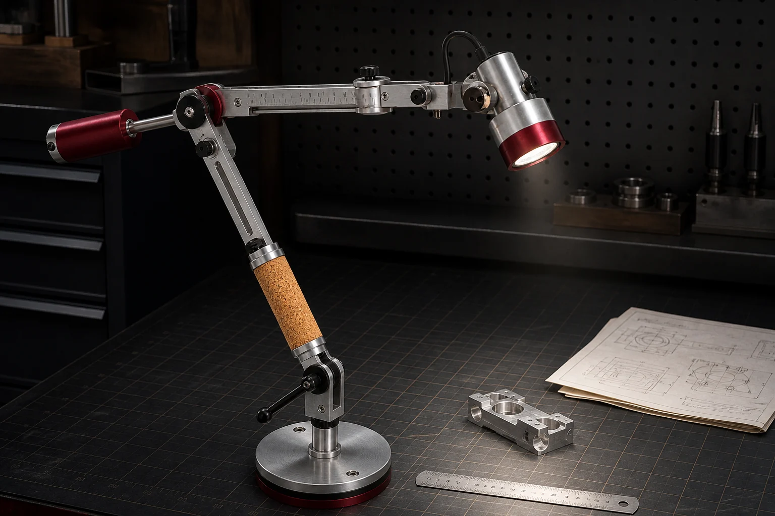 Kōgu 03 precision task light inspecting a machined component on a calibrated workshop bench
