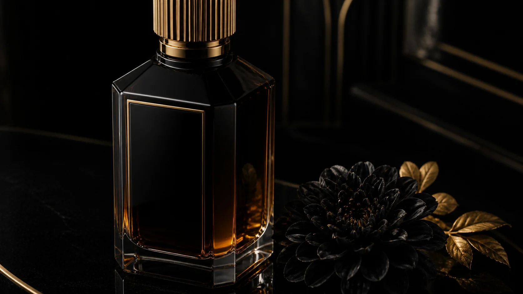Macro view of Noir Bloom's faceted obsidian flacon beside a black dahlia