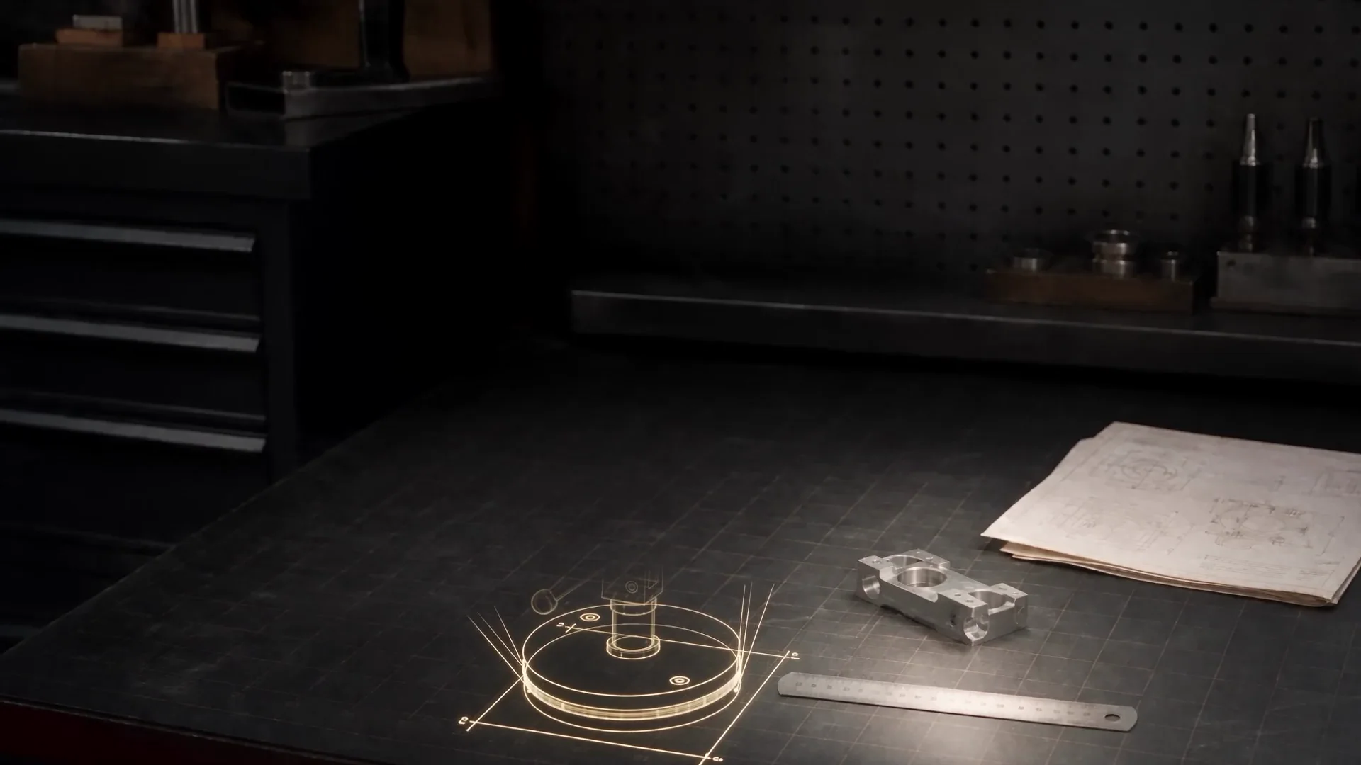 Kōgu precision task light moving through a calibrated workshop world
