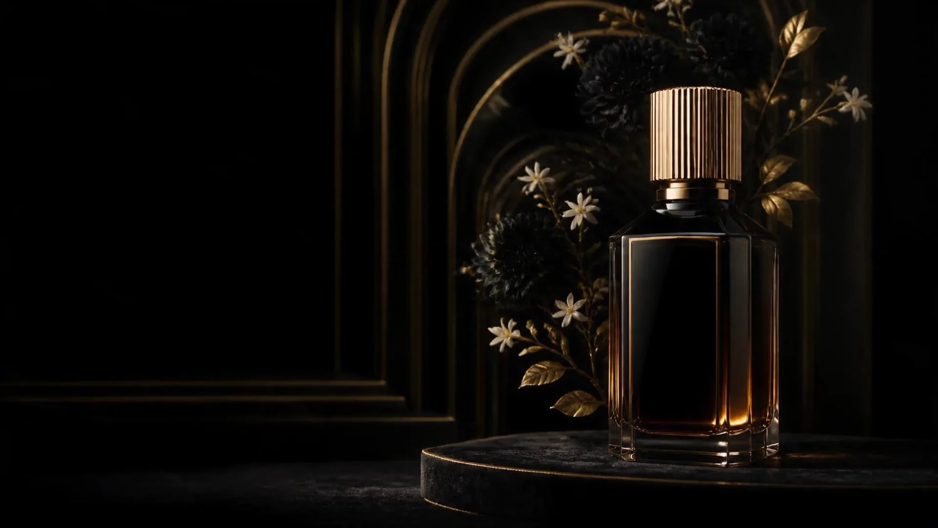 Obsidian black perfume bottle with a fluted gold cap among black dahlias and fine gold leaves