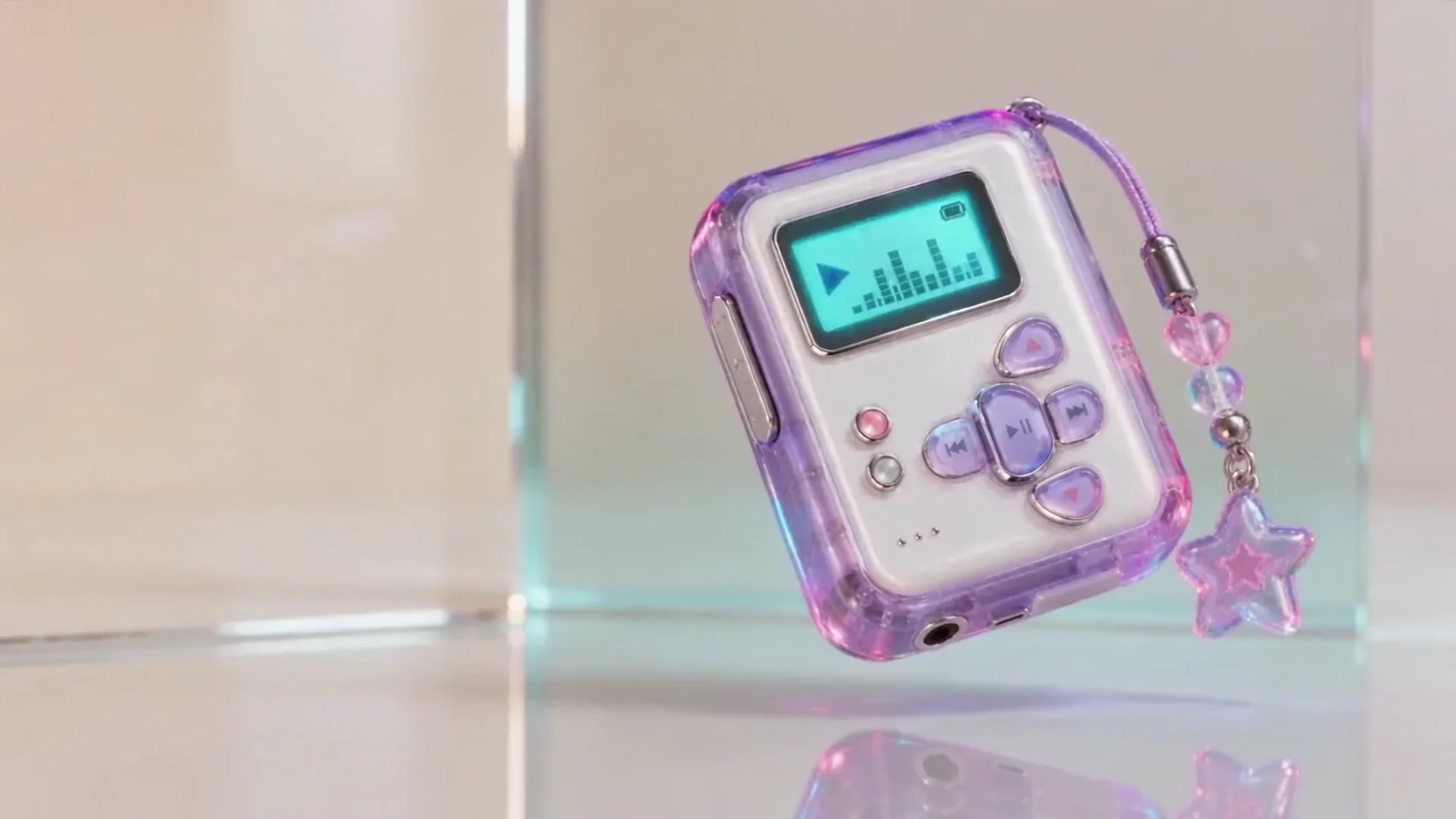 Fictional translucent lilac Xīngbō MIAO 256 pocket MP3 player with a cyan display and star charm